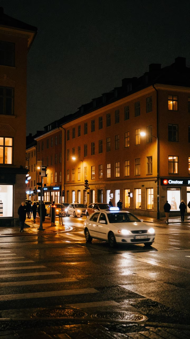 Late Night Stockholm Street Scene with Neon Lights and Urban Activity in in Stockholm, Sweden
