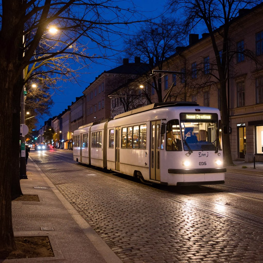 Late Night Stockholm Street Scene with Old Trolley and City Lights in in Stockholm, Sweden