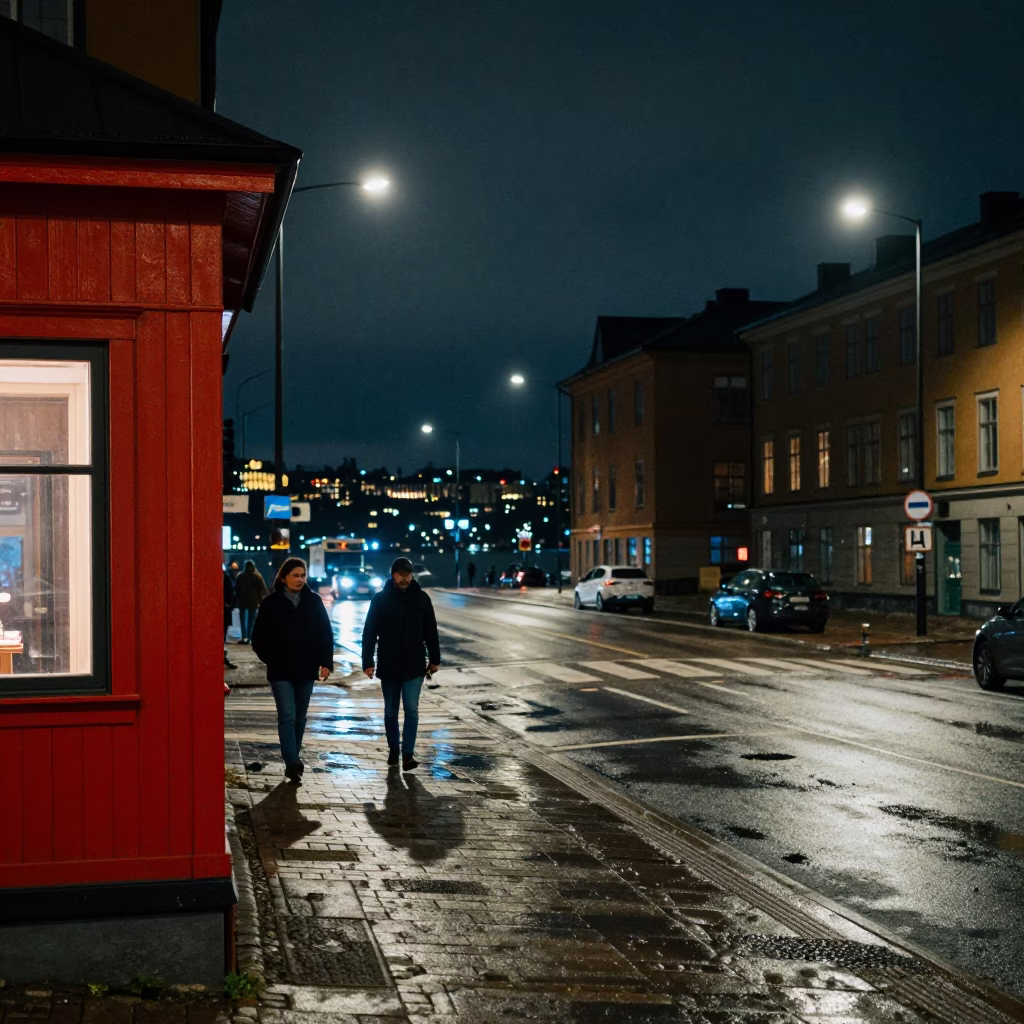 Late Night Stockholm Street Scene with Red Lacquered Wood Details and Urban Activity in in Stockholm, Sweden