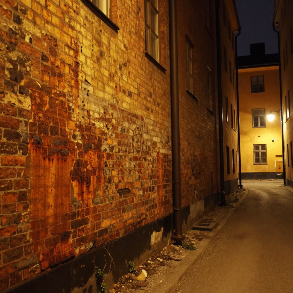 Late Night Stockholm Street Scene with Rusty Wall and Cocktail Shaker in in Stockholm, Sweden
