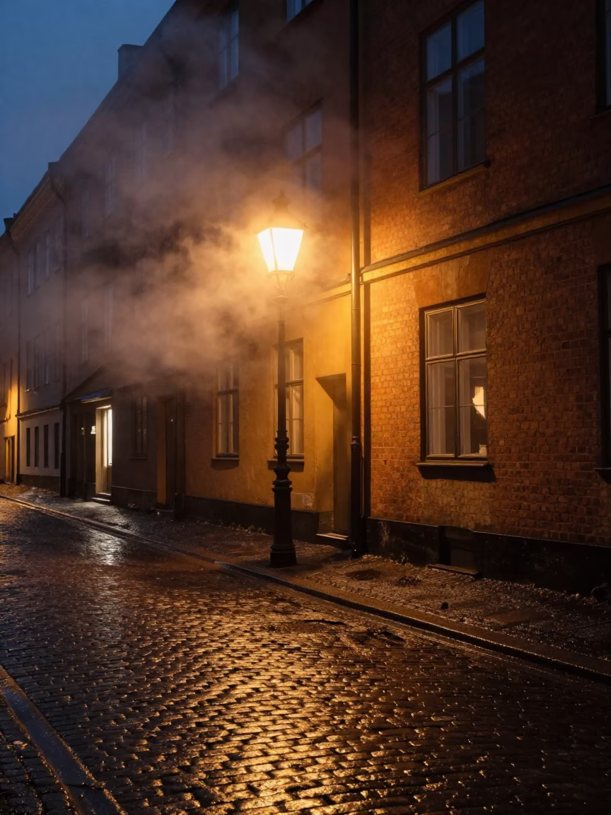 Late Night Stockholm Street Scene With Steam Clouding Window And Birch Grove Reflections in in Stockholm, Sweden