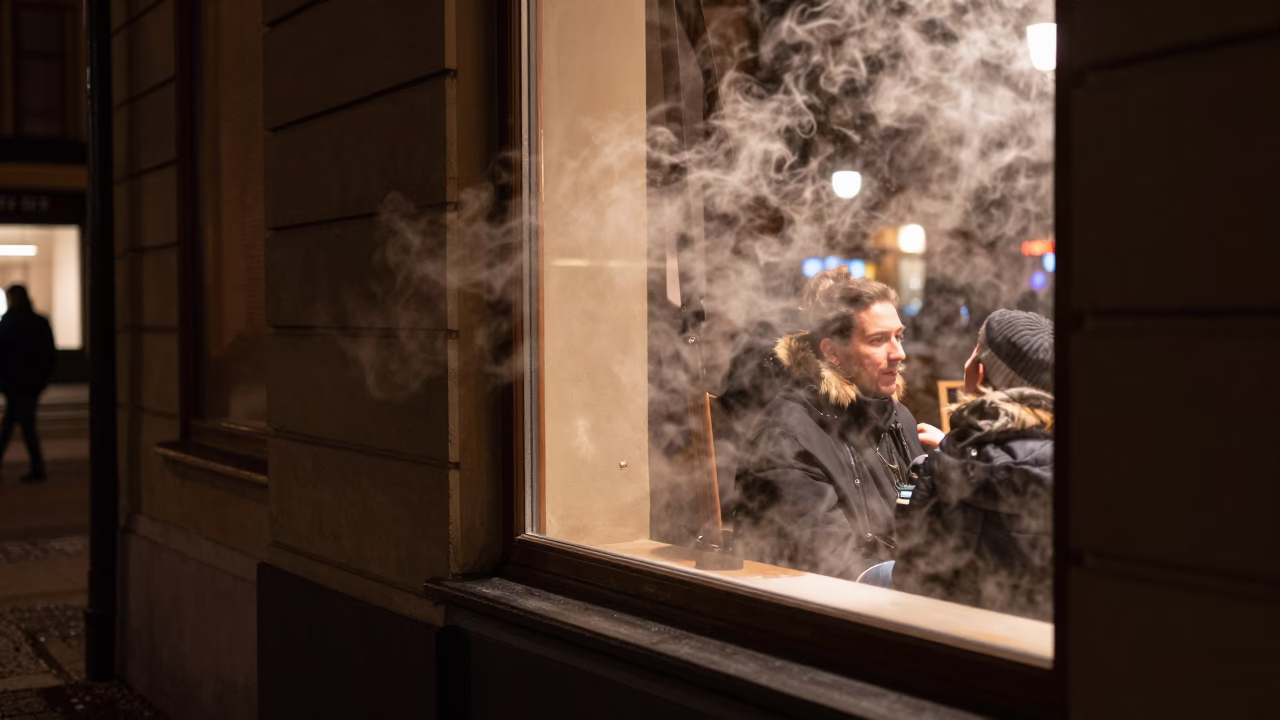 Late Night Stockholm Street Scene with Steaming Window and Urban Architecture in in Stockholm, Sweden