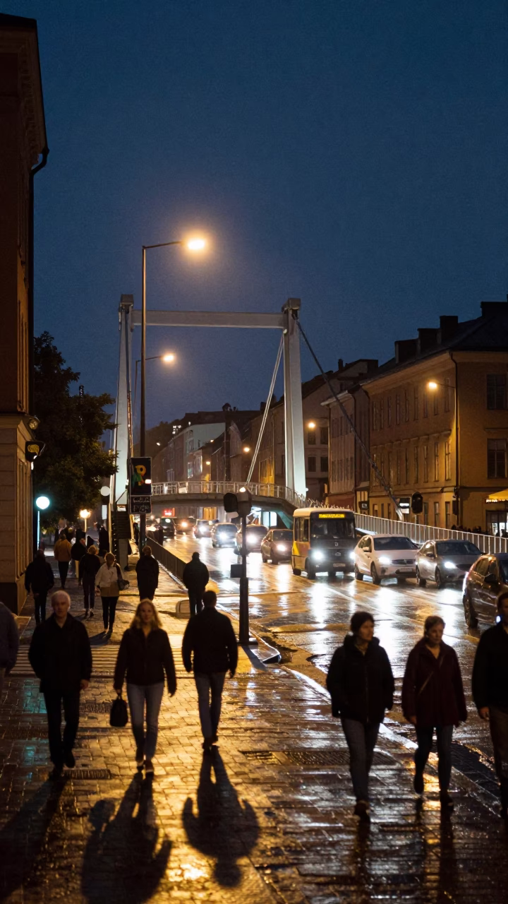 Late Night Stockholm Street Scene with Suspension Bridge Deck and Urban Life in in Stockholm, Sweden
