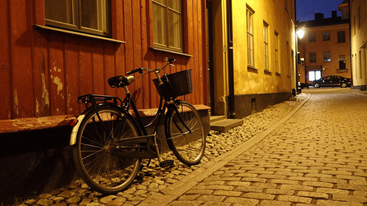 Late Night Stockholm Street Scene with Vintage Bicycle and Cobblestone Alleyway in in Stockholm, Sweden
