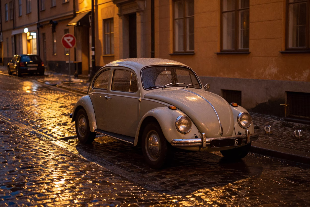 Late Night Stockholm Street Scene with Vintage Car and Local Interaction in in Stockholm, Sweden