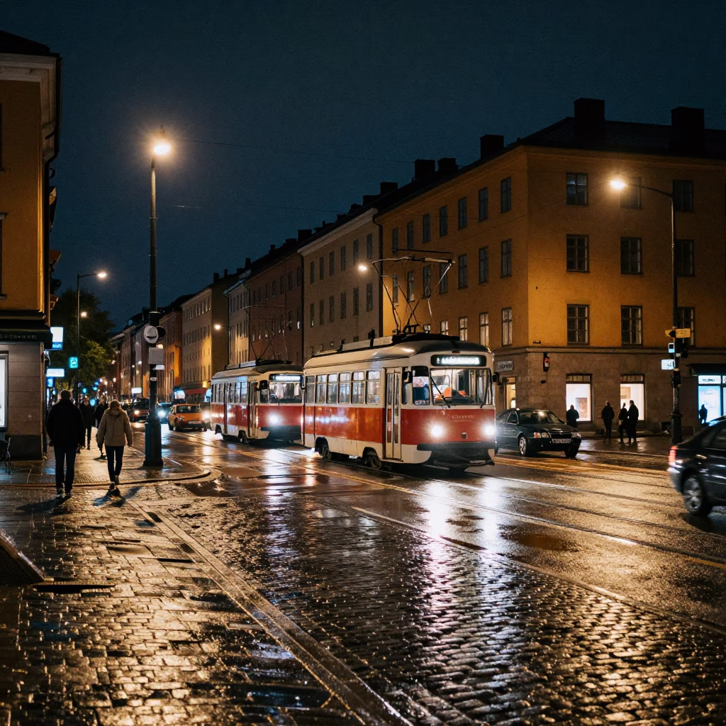 Late Night Stockholm Street Scene with Vintage Cars and Pedestrians Under Dark Sky in in Stockholm, Sweden
