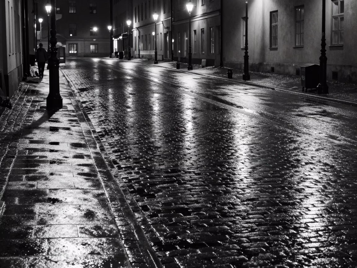 Late Night Stockholm Street Scene with Water Stains and Urban Details in in Stockholm, Sweden