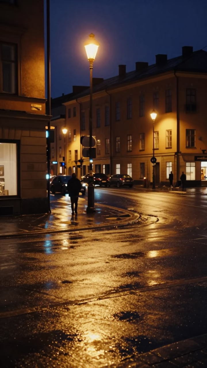 Late Night Stockholm Street Scene with Wet Pavement and Neon Reflections in in Stockholm, Sweden