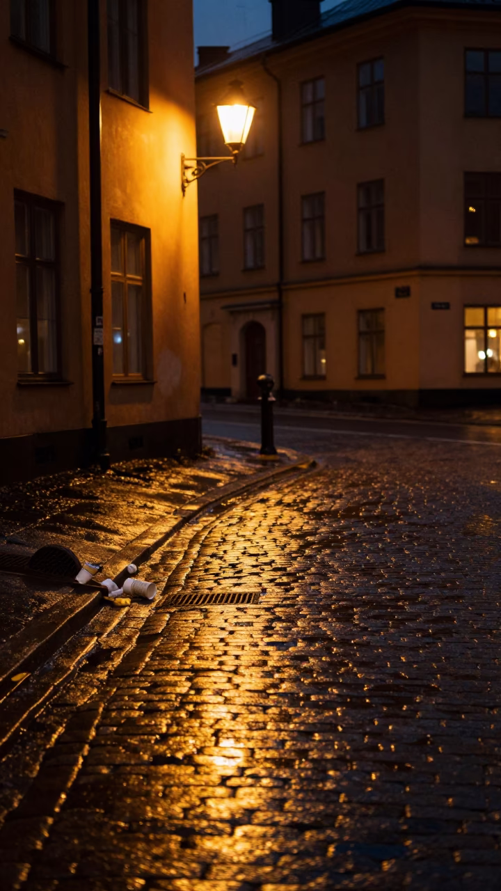 Late Night Stockholm Street Scene with Wet Pavement Reflections and Urban Details in in Stockholm, Sweden