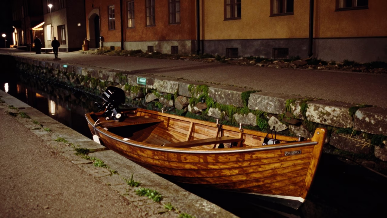 Late Night Stockholm Street Scene with Wooden Longtail Boat in Swedish Canal in in Stockholm, Sweden