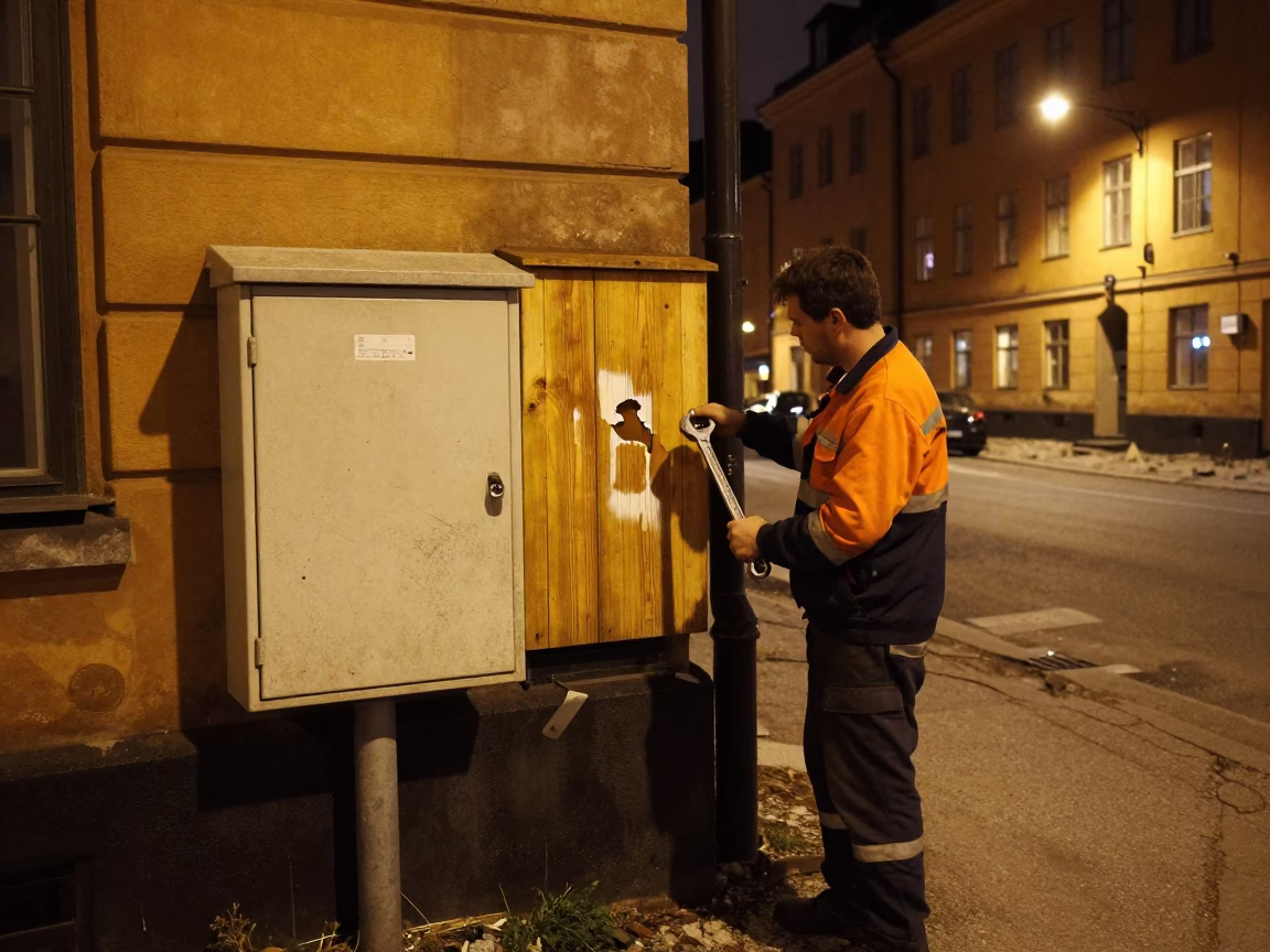 Late Night Stockholm Street Scene with Wrench and Scuffed Wood Details in in Stockholm, Sweden