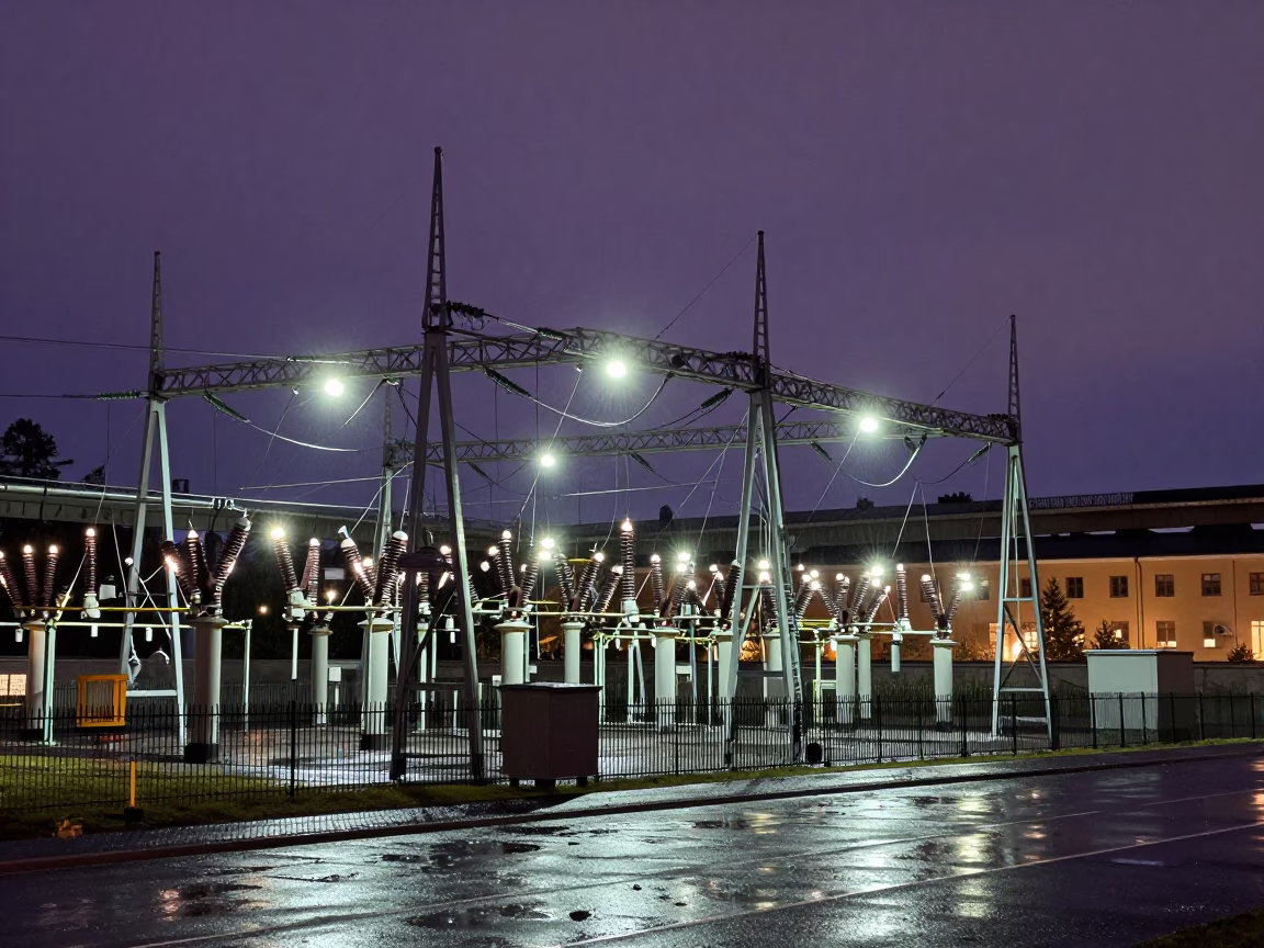Late Night Stockholm Substation Insulators Sparkling Under Floodlights in Sweden in in Stockholm, Sweden