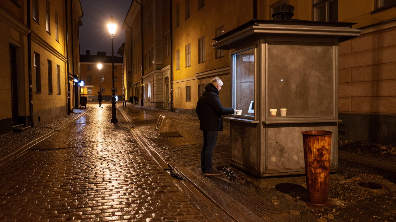 Late Night Stockholm Sweden Street Scene with Cup and Rusty Pot Lid in in Stockholm, Sweden