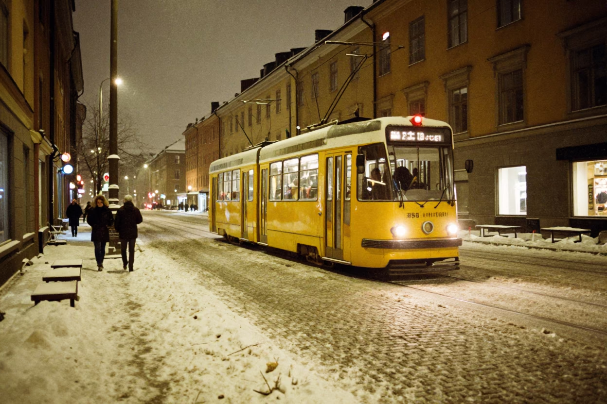 Late Night Stockholm Sweden Street Scene with Tram and Snow in in Stockholm, Sweden