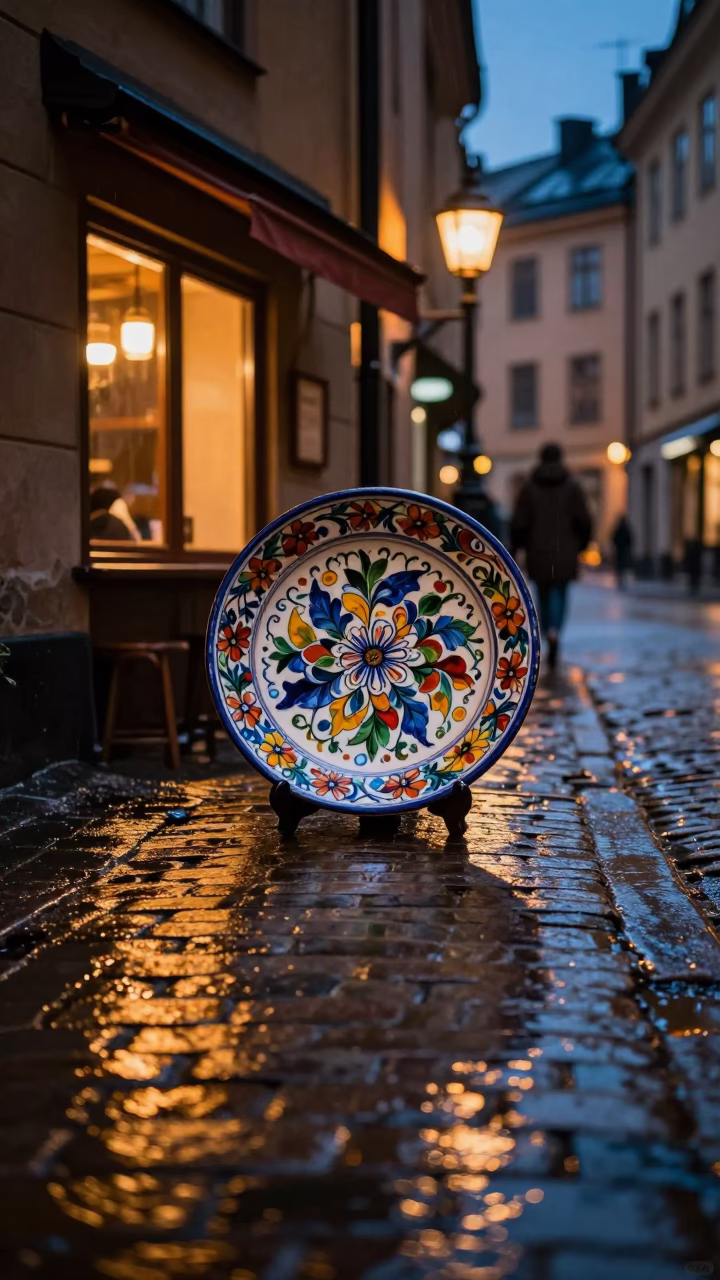 Late Night Stockholm Sweden Street Scene with Vintage Majolica Plate on Cafe Table in in Stockholm, Sweden