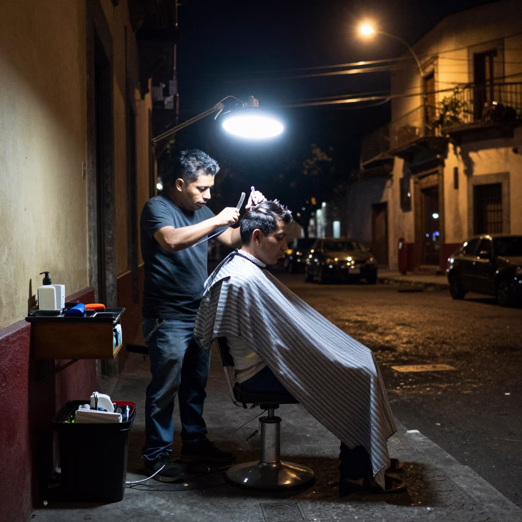 Late Night Street Barber Under Streetlight in Mexico City Urban Scene in in Mexico City, Mexico