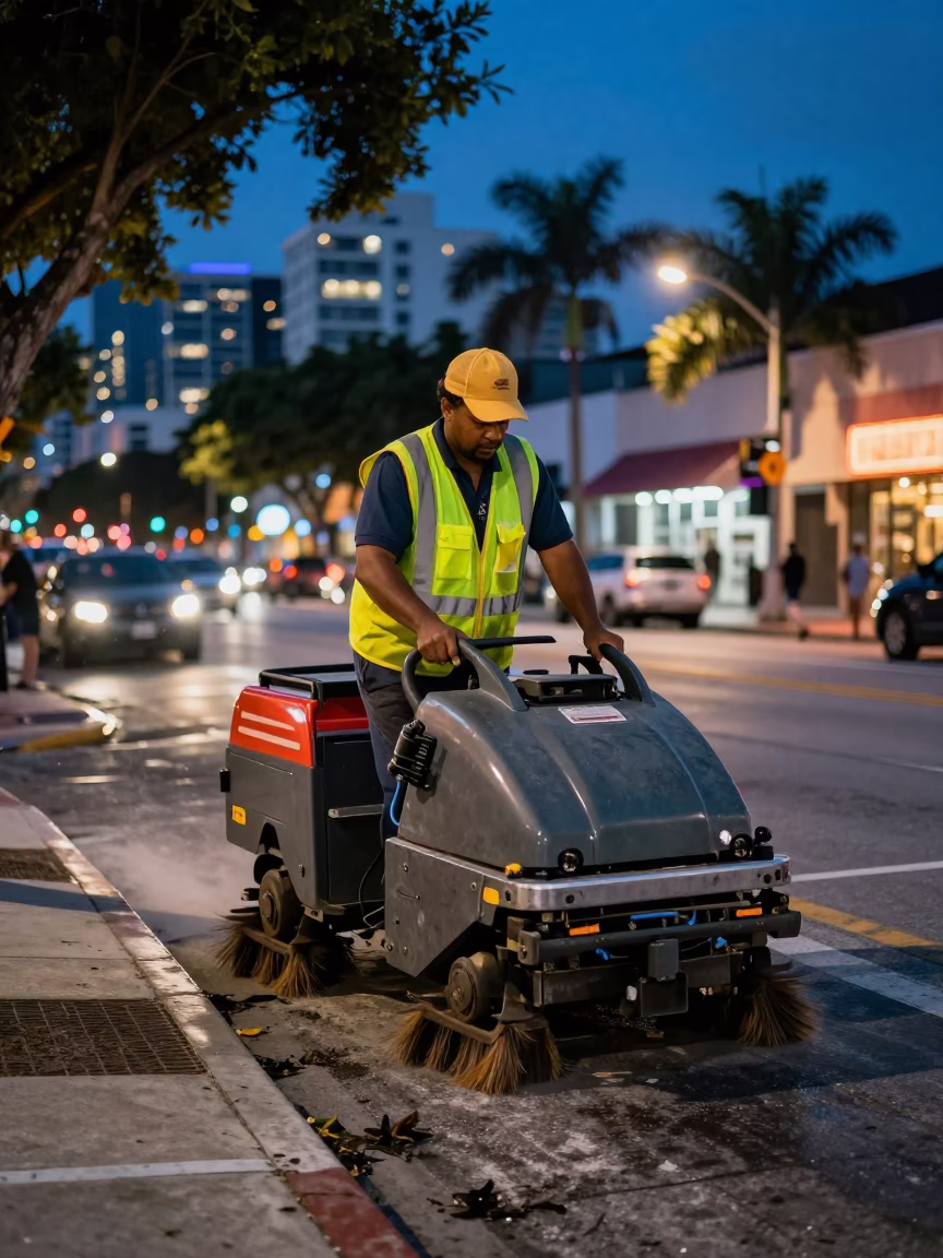 Late Night Street Cleaner Working Under Neon Lights in Miami in in Miami, Florida, United States