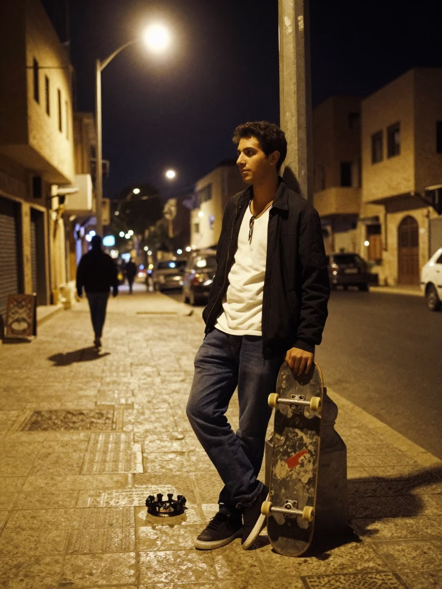 Late Night Street Corner in Beirut Lebanon with Skateboard and Ashtray in in Beirut, Lebanon
