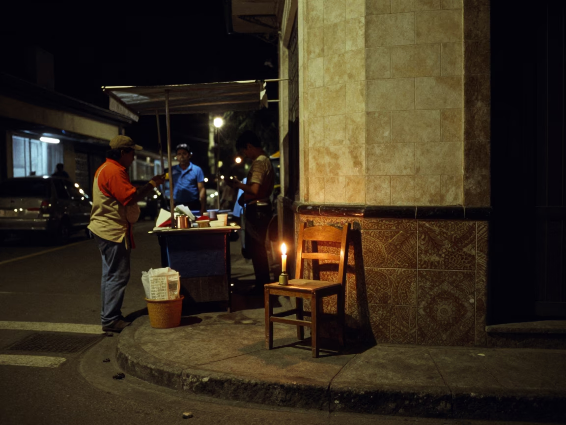 Late Night Street Corner in Medellin Colombia with Chair and Taper Candle Illumination in in Medellin, Colombia