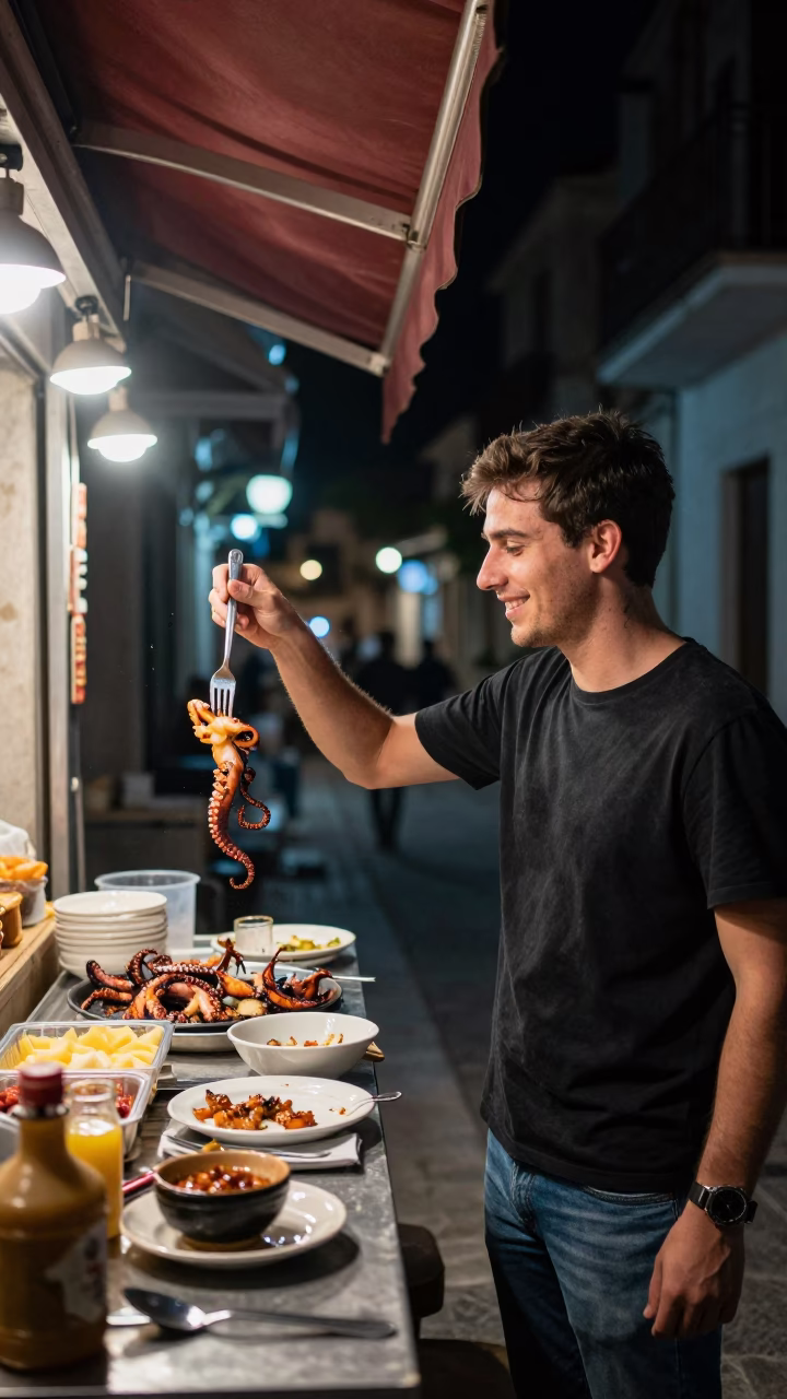 Late Night Street Food in Athens Greece with Cutlery and Ceramic Jars in in Athens, Greece