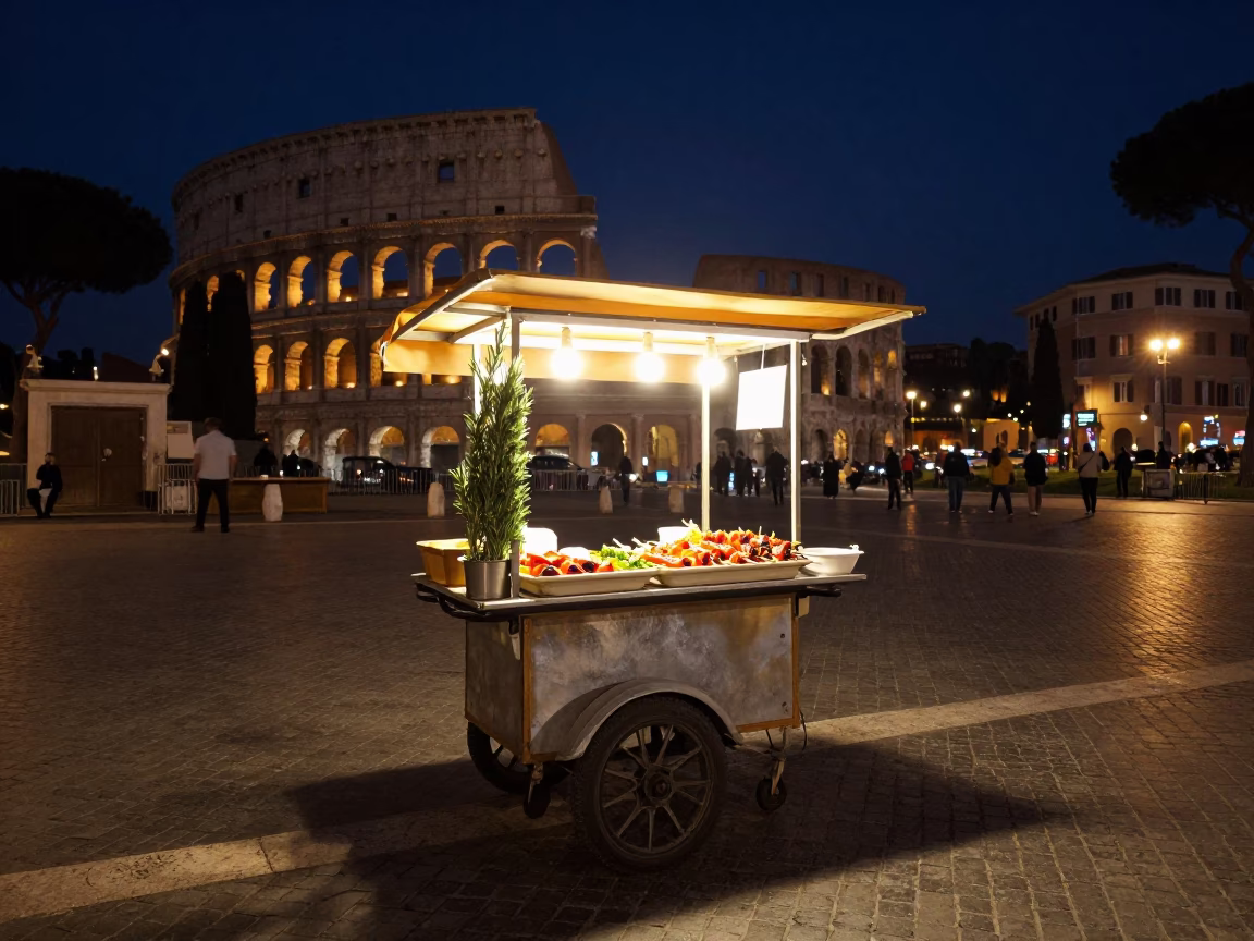 Late Night Street Food in Rome Italy with Rosemary Sprigs and Grilled Peppers in in Rome, Italy