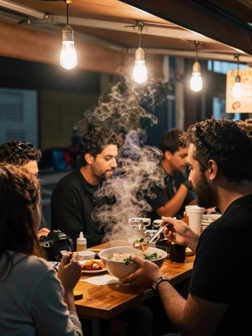 Late Night Street Food Moment with Steaming Pho Bowl in Lyon France in in Lyon, France