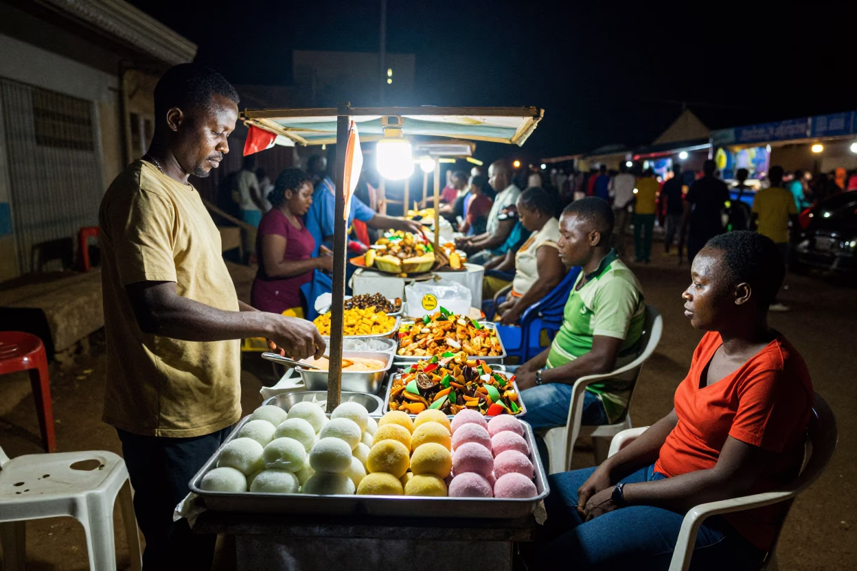 Late Night Street Food Scene in Accra Ghana with Colorful Mochi and Local Dining in in Accra, Ghana