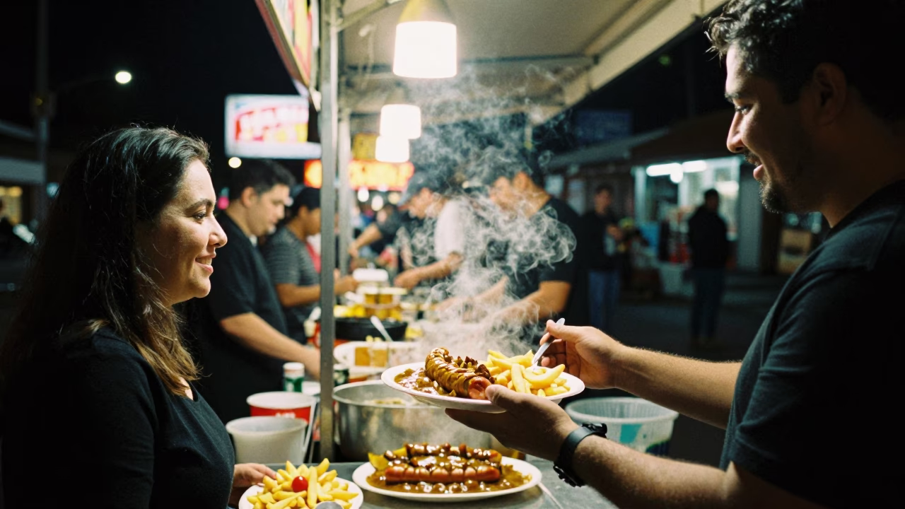 Late Night Street Food Scene in Adelaide South Australia with Currywurst and Urban Nightlife in in Adelaide, South Australia, Australia