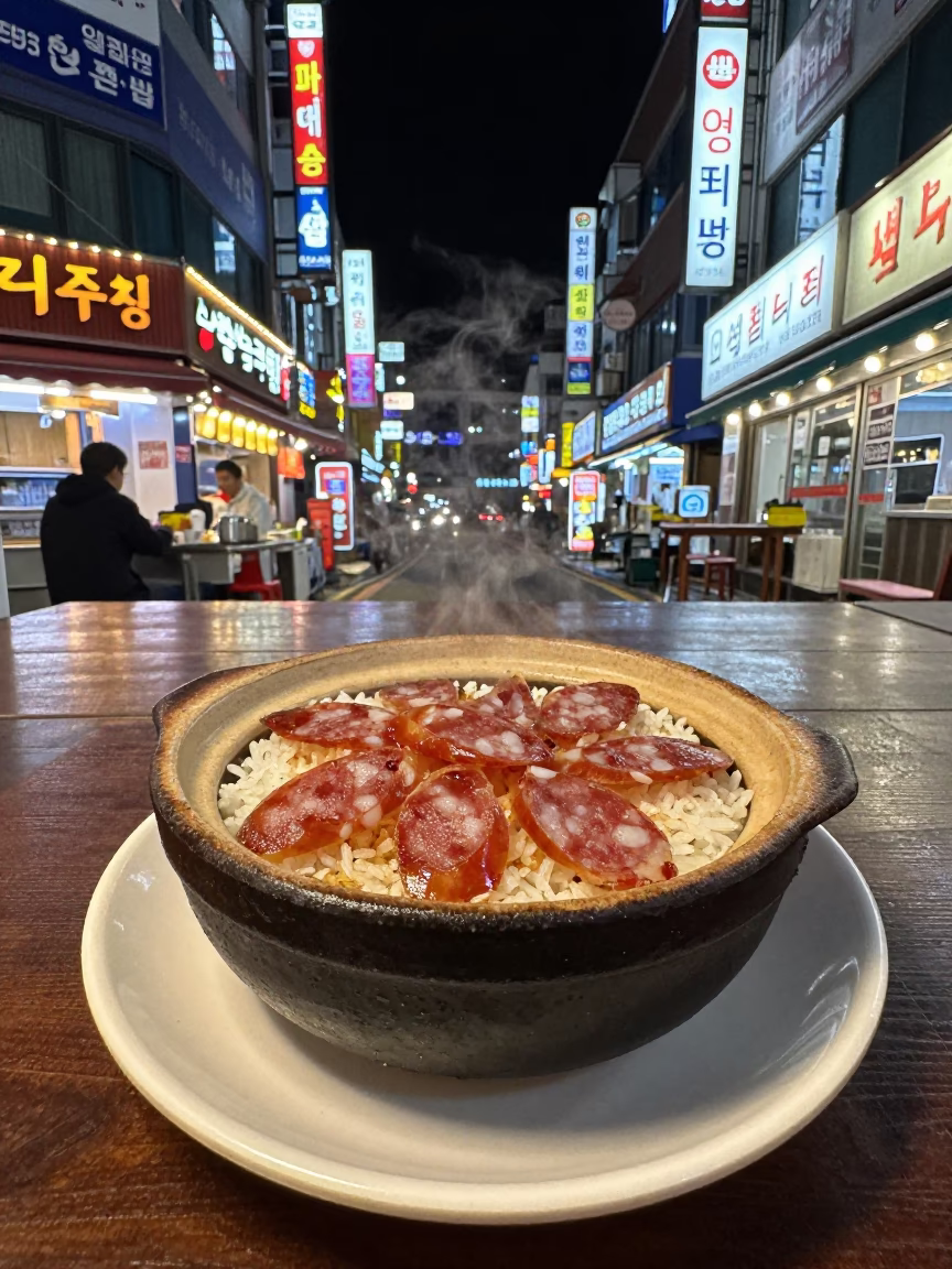 Late Night Street Food Scene in Busan South Korea with Ceramic Plate and Ladle in in Busan, South Korea