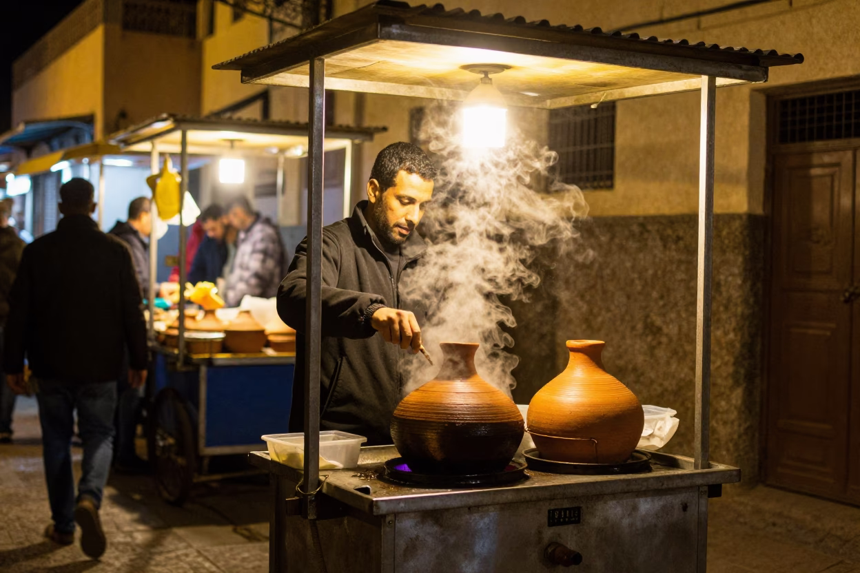 Late Night Street Food Scene in Casablanca Morocco with Clay Pot and Ceramic Cup in in Casablanca, Morocco