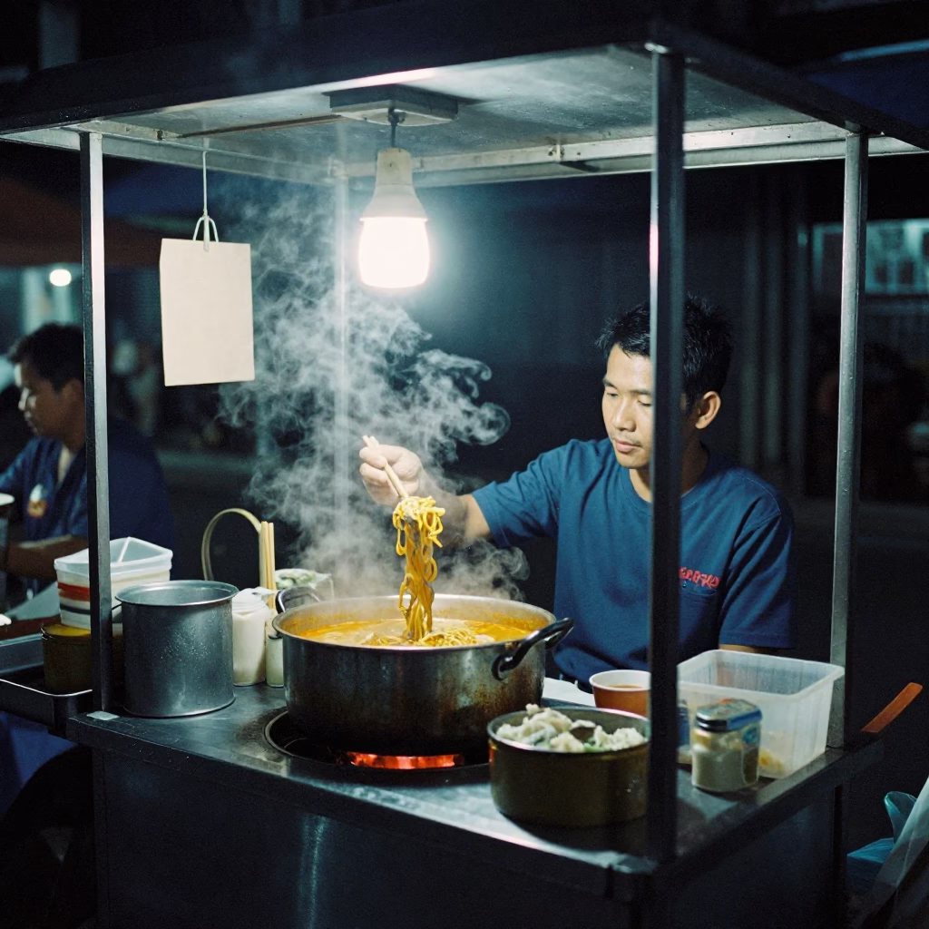 Late Night Street Food Scene in Chiang Mai Thailand with Condensation on Bottle Neck in in Chiang Mai, Thailand