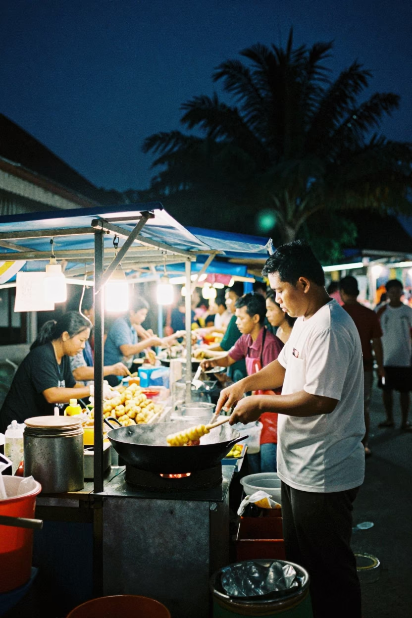 Late Night Street Food Scene in Denpasar Indonesia with Lumpia Spring Rolls in in Denpasar, Indonesia