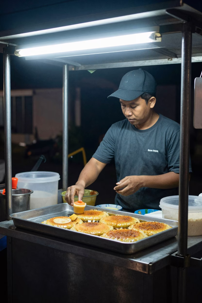 Late Night Street Food Scene in Denpasar Indonesia with Trays of Kunafa in in Denpasar, Indonesia
