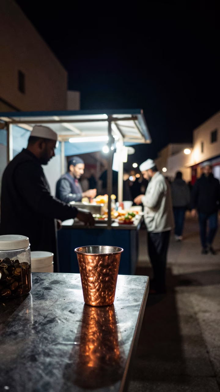 Late Night Street Food Scene in Essaouira Morocco with Copper Cup and Lantern Light in in Essaouira, Morocco