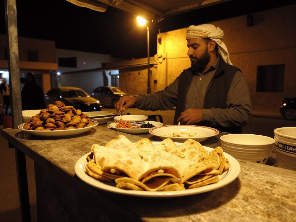 Late Night Street Food Scene in Fez Morocco with Ceramic Plate and Wooden Spoon in in Fez, Morocco