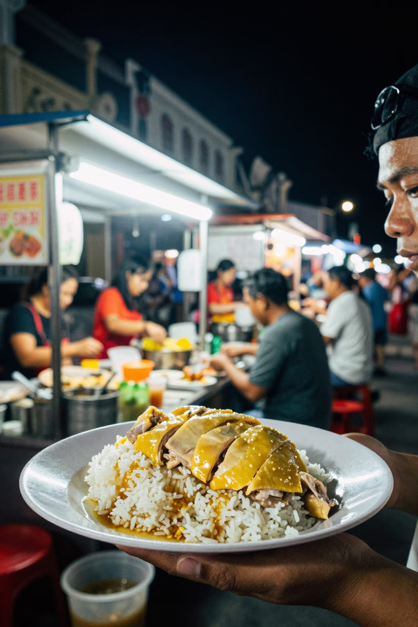 Late Night Street Food Scene in George Town Penang Malaysia with Hainanese Chicken Rice in in George Town, Malaysia