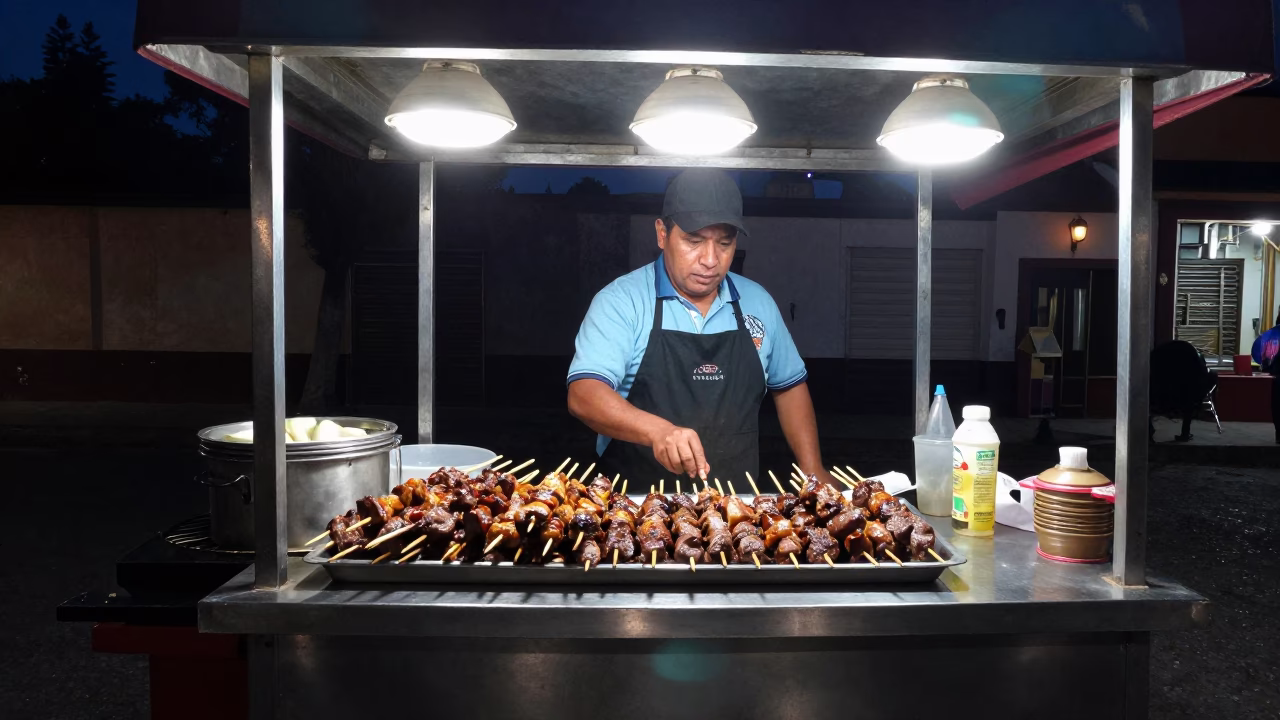 Late Night Street Food Scene in Guadalajara Mexico with Anticuchos and Urban Light in in Guadalajara, Mexico