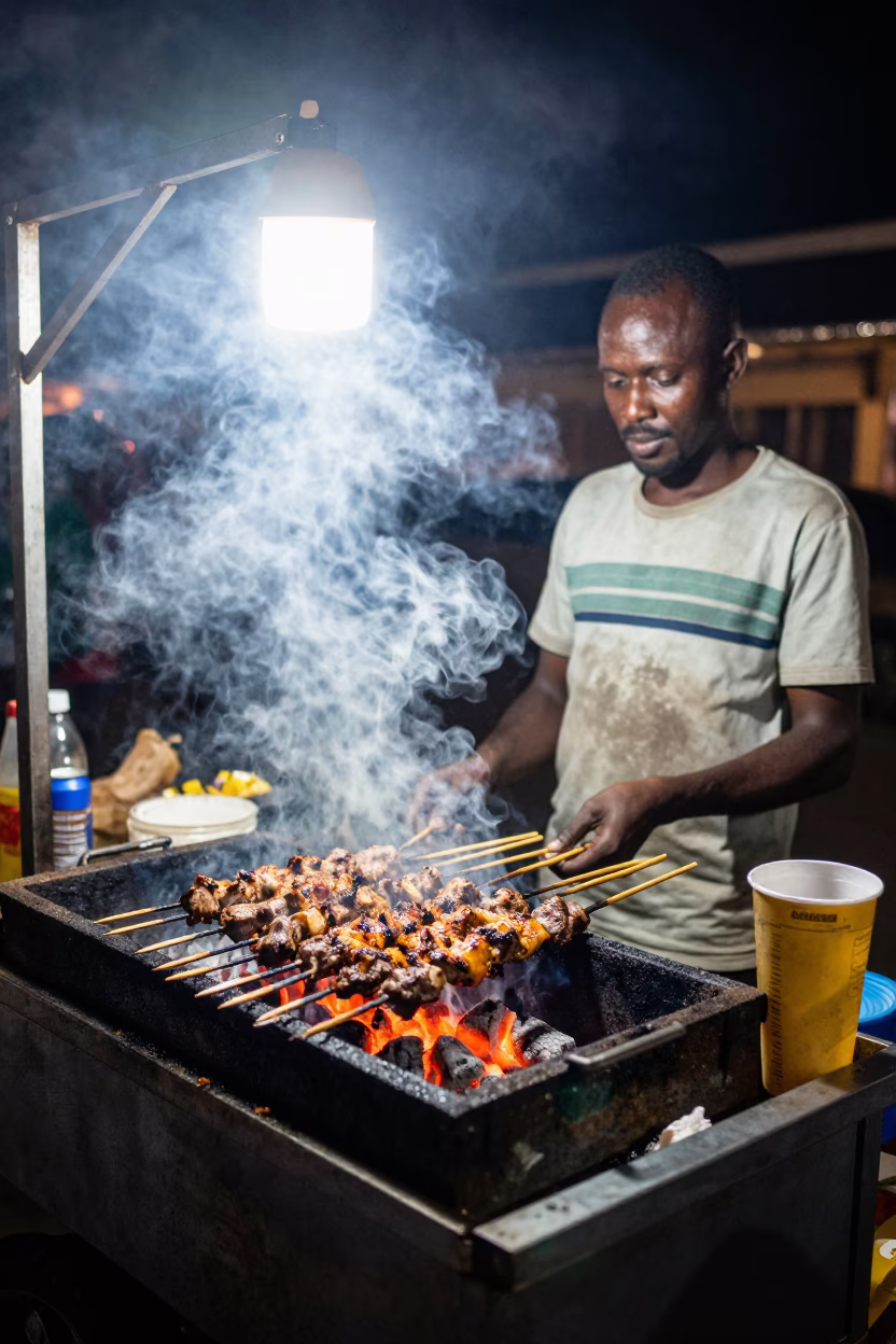 Late Night Street Food Scene in Johannesburg with Grilled Kebab and Urban Neon Reflections in in Johannesburg, South Africa
