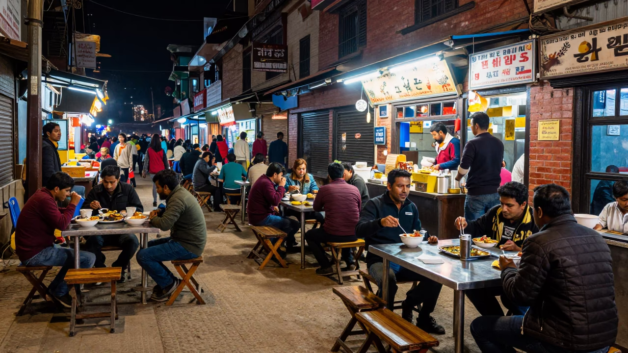 Late Night Street Food Scene in Kathmandu Nepal with Local Diners in in Kathmandu, Nepal
