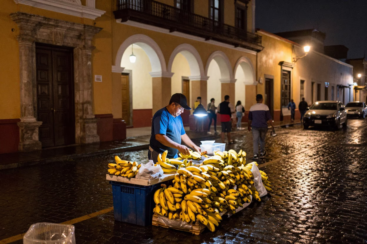 Late Night Street Food Scene in Lima Peru with Bananas and Chess Clock in in Lima, Peru