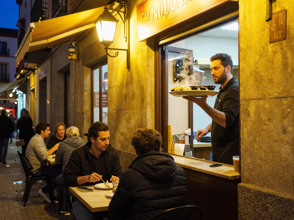 Late Night Street Food Scene in Madrid Spain with Diners and Gyoza in in Madrid, Spain