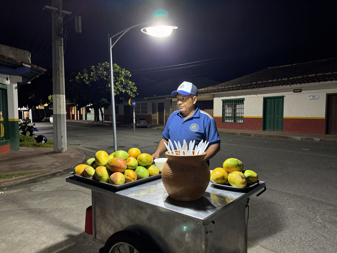 Late Night Street Food Scene in Medellin Colombia with Mangoes and Utensil Crocks in in Medellin, Colombia