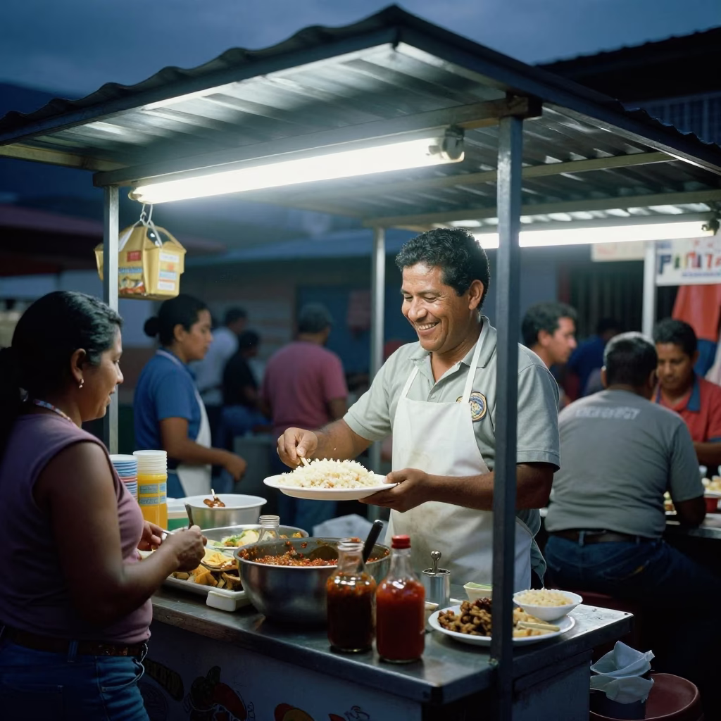 Late Night Street Food Scene in Medellin Colombia with Salsa and Plastic Chairs in in Medellin, Colombia