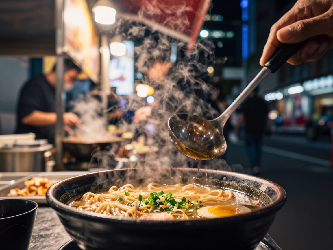 Late Night Street Food Scene in Melbourne CBD with Ramen and Steam in in Melbourne, Victoria, Australia
