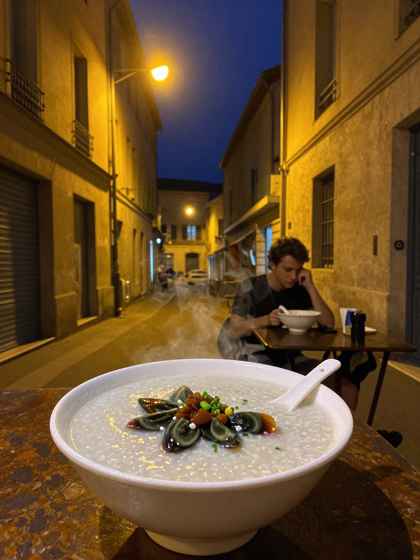 Late Night Street Food Scene in Nice France with Bowl of Congee in in Nice, France