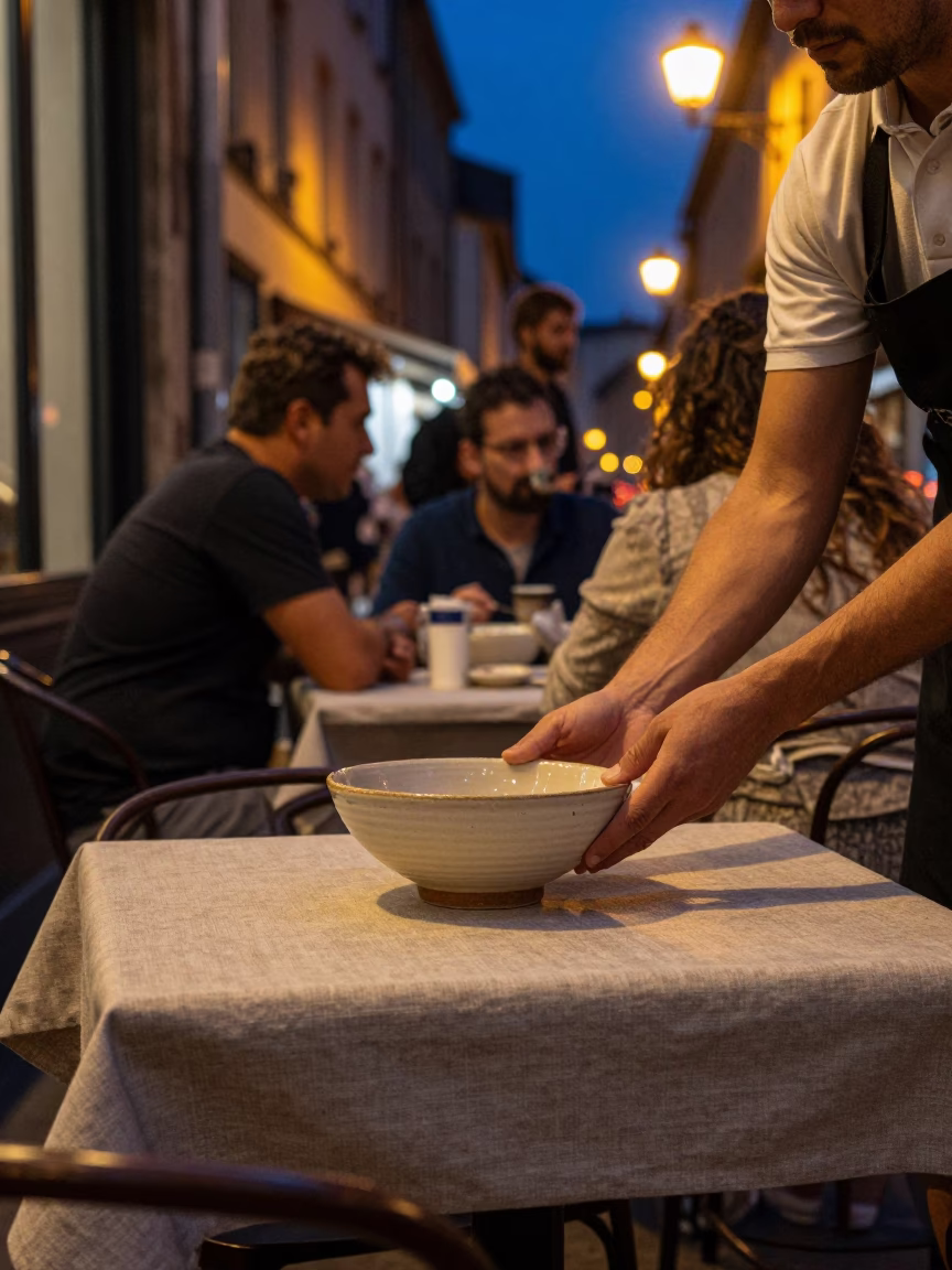 Late Night Street Food Scene in Nice France with Ceramic Bowl and Tea Stains in in Nice, France
