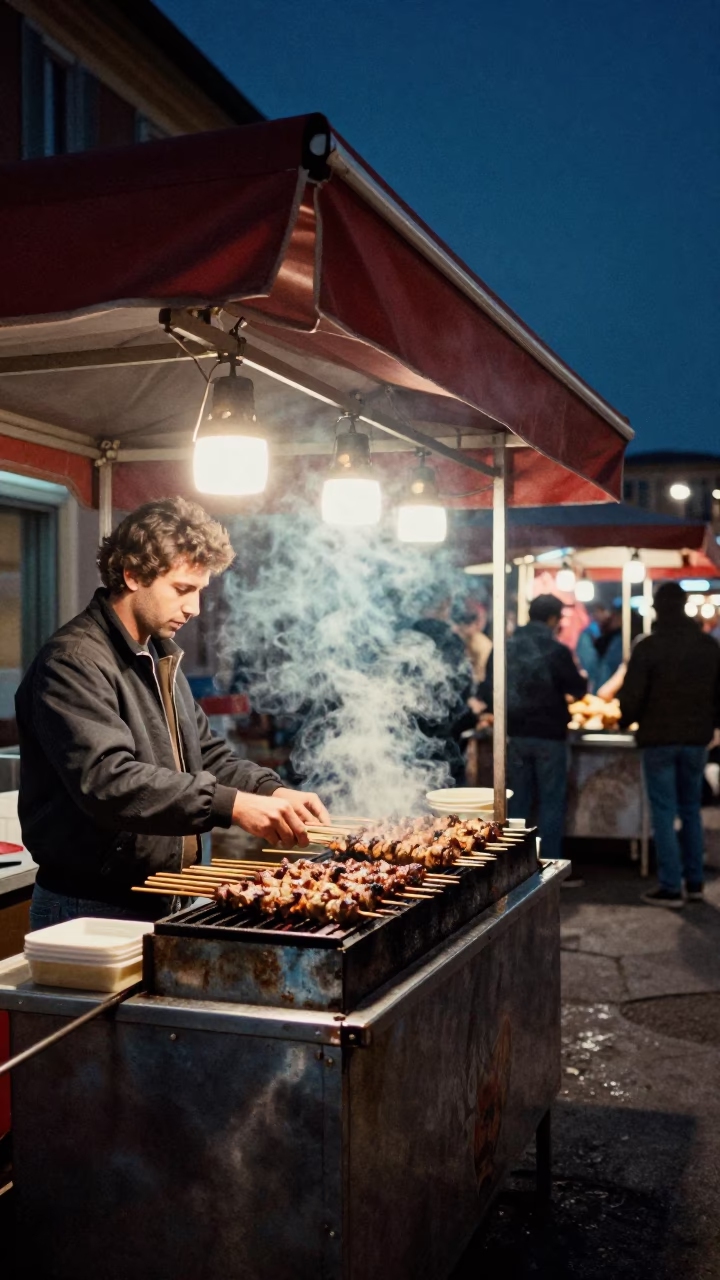 Late Night Street Food Scene in Nice France with Grilled Kebab and Steel Doorframe in in Nice, France