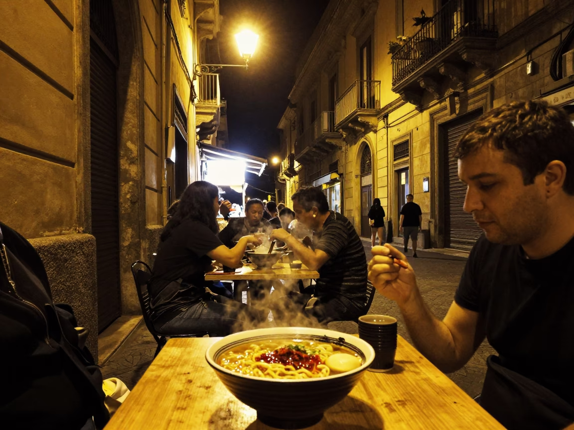Late Night Street Food Scene in Palermo Italy with Tantanmen Ramen and Local Diners in in Palermo, Italy