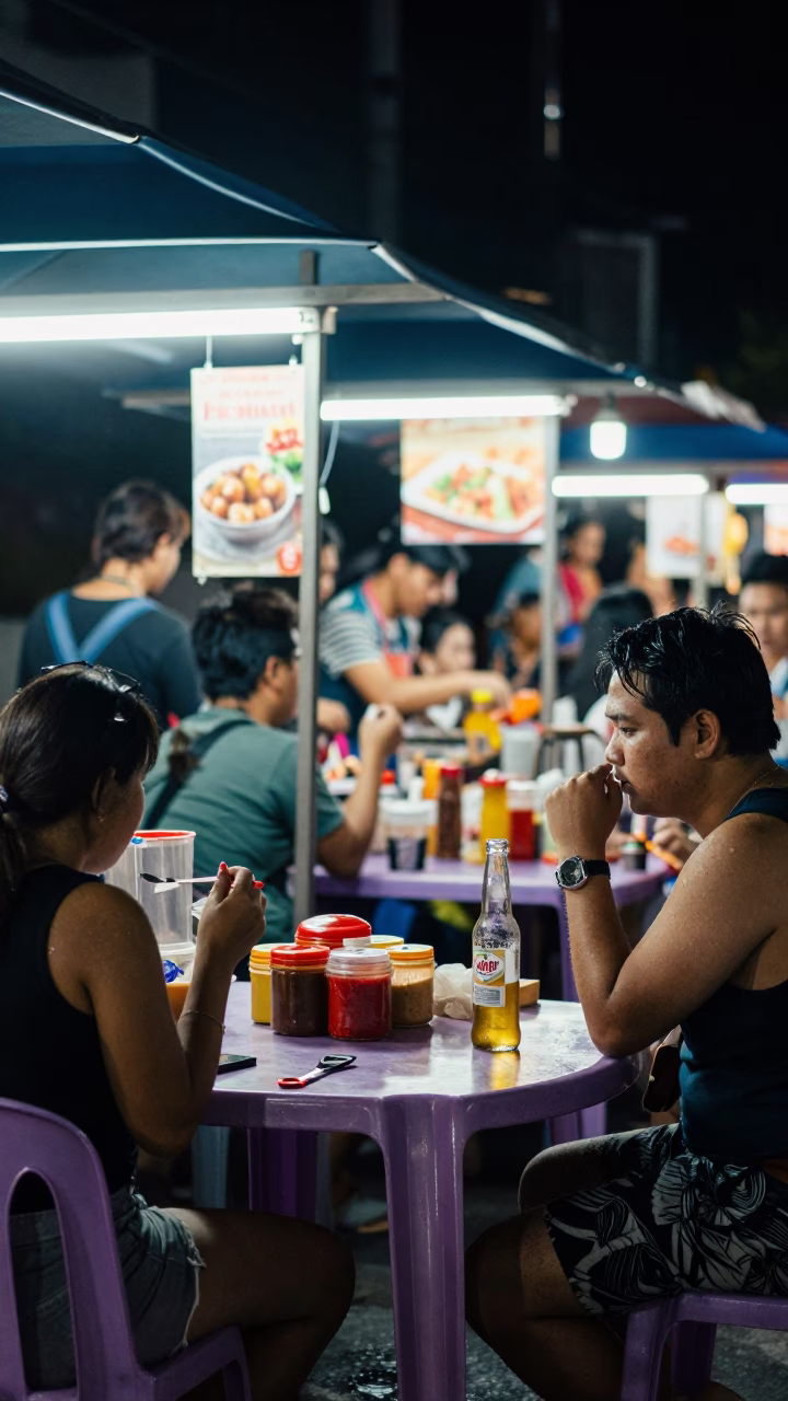 Late Night Street Food Scene in Phuket Thailand with Plastic Table and Condiments in in Phuket, Thailand