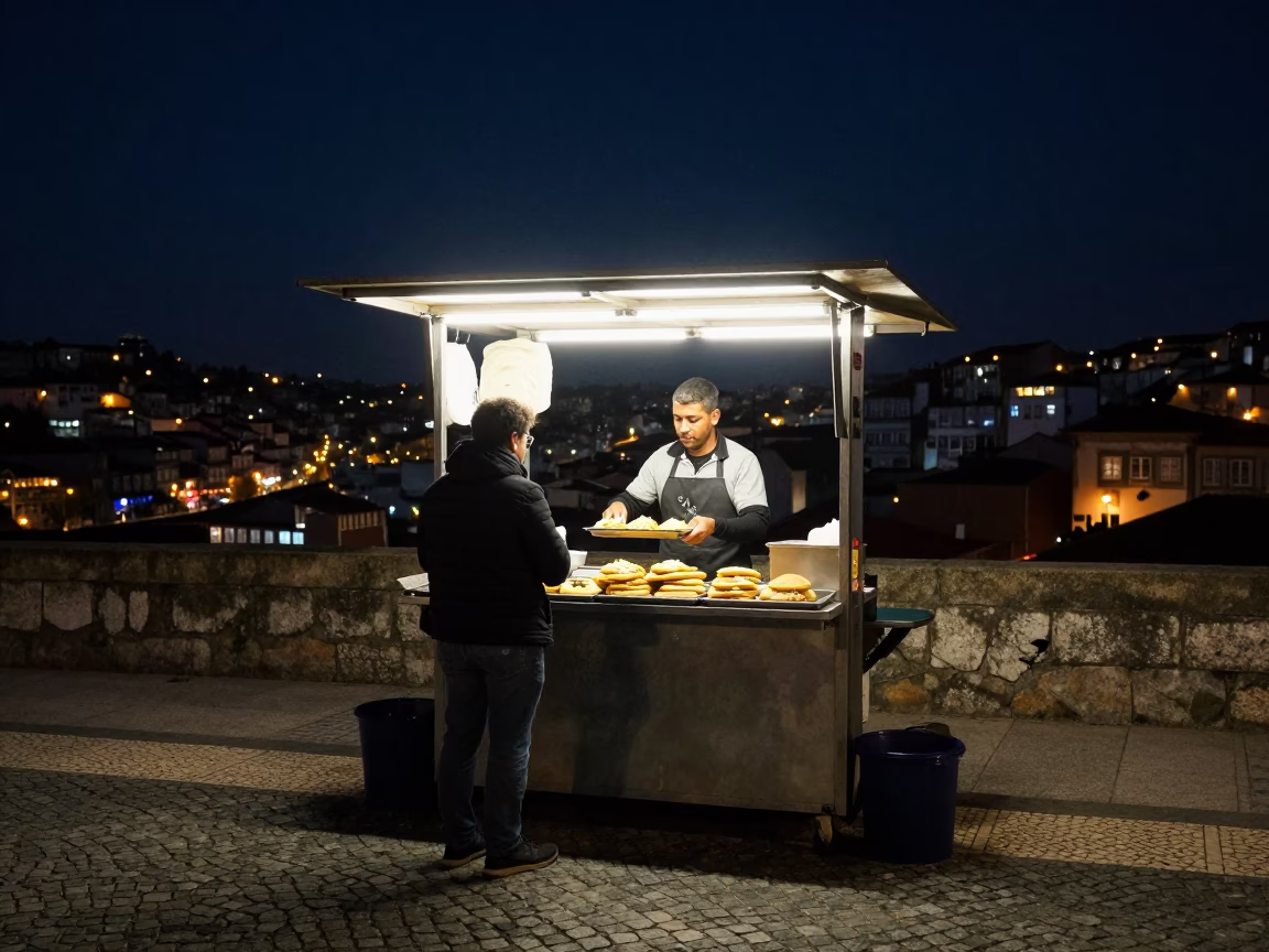 Late Night Street Food Scene in Porto Portugal Under Deep Night Sky in in Porto, Portugal
